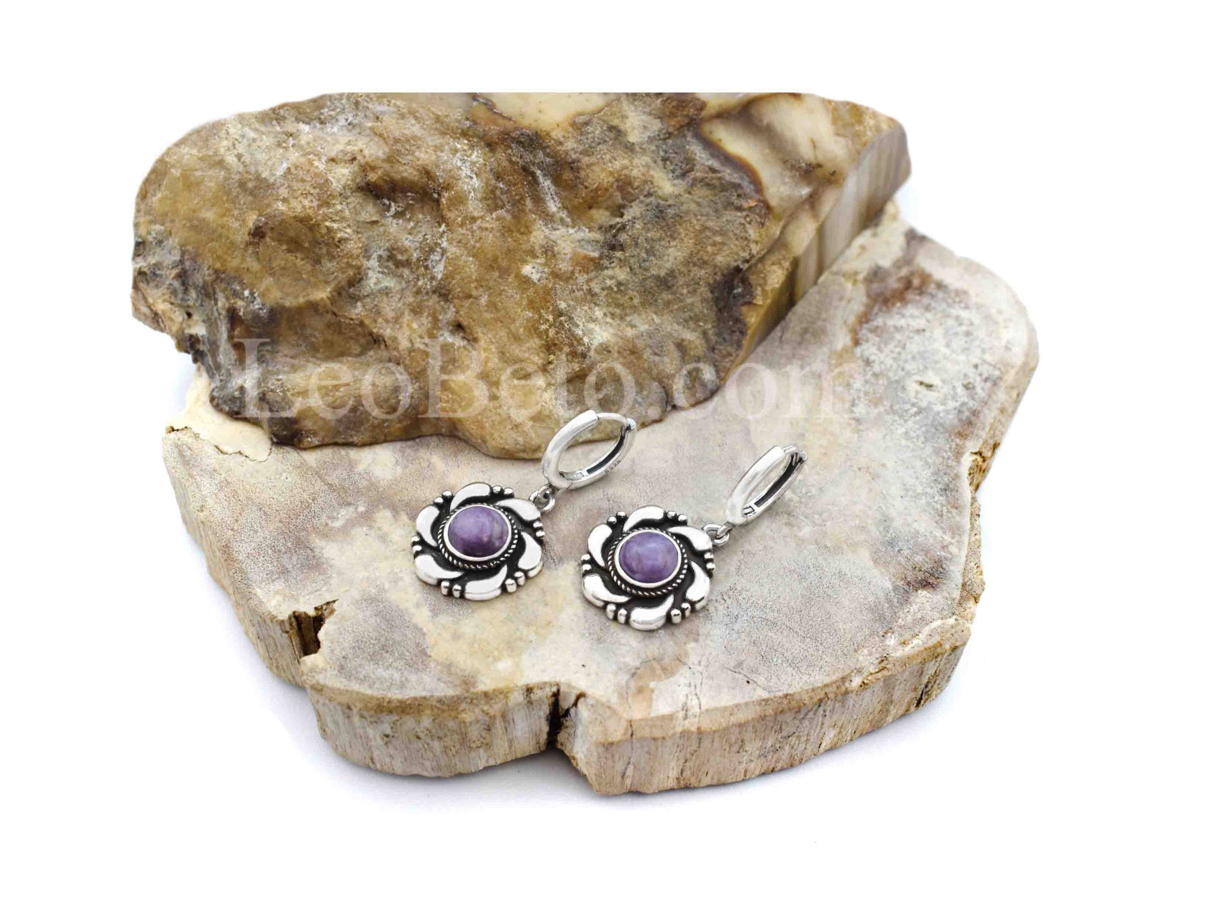 Charoite Flower Drop Earrings - Image 3